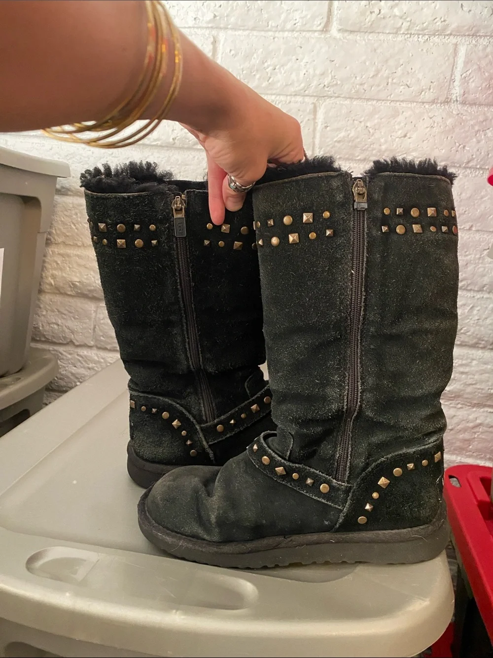 🖤 Rare Vintage Sheep Skin UGGS Black Suede Studded with Buckles